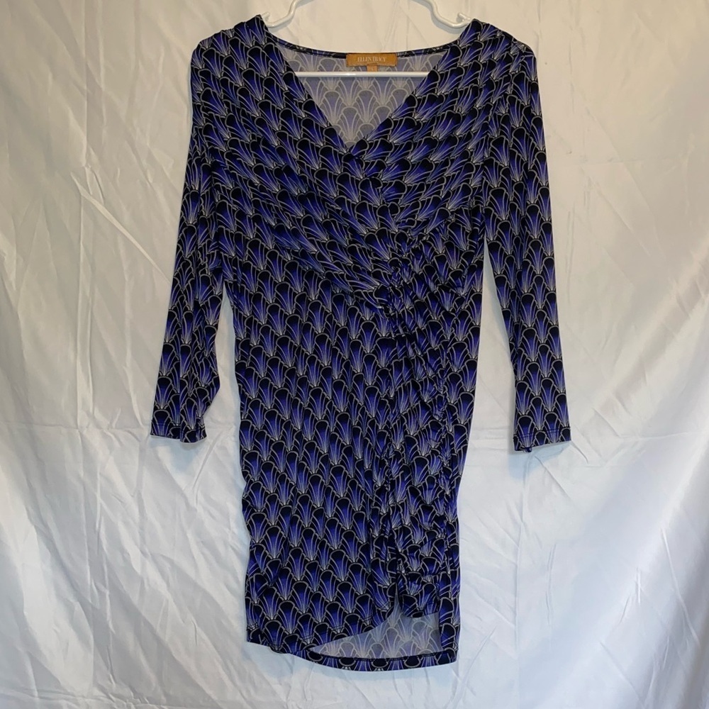 Ellen Tracy Blue and White Ruched Wrap Dress